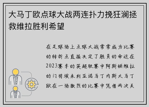 大马丁欧点球大战两连扑力挽狂澜拯救维拉胜利希望